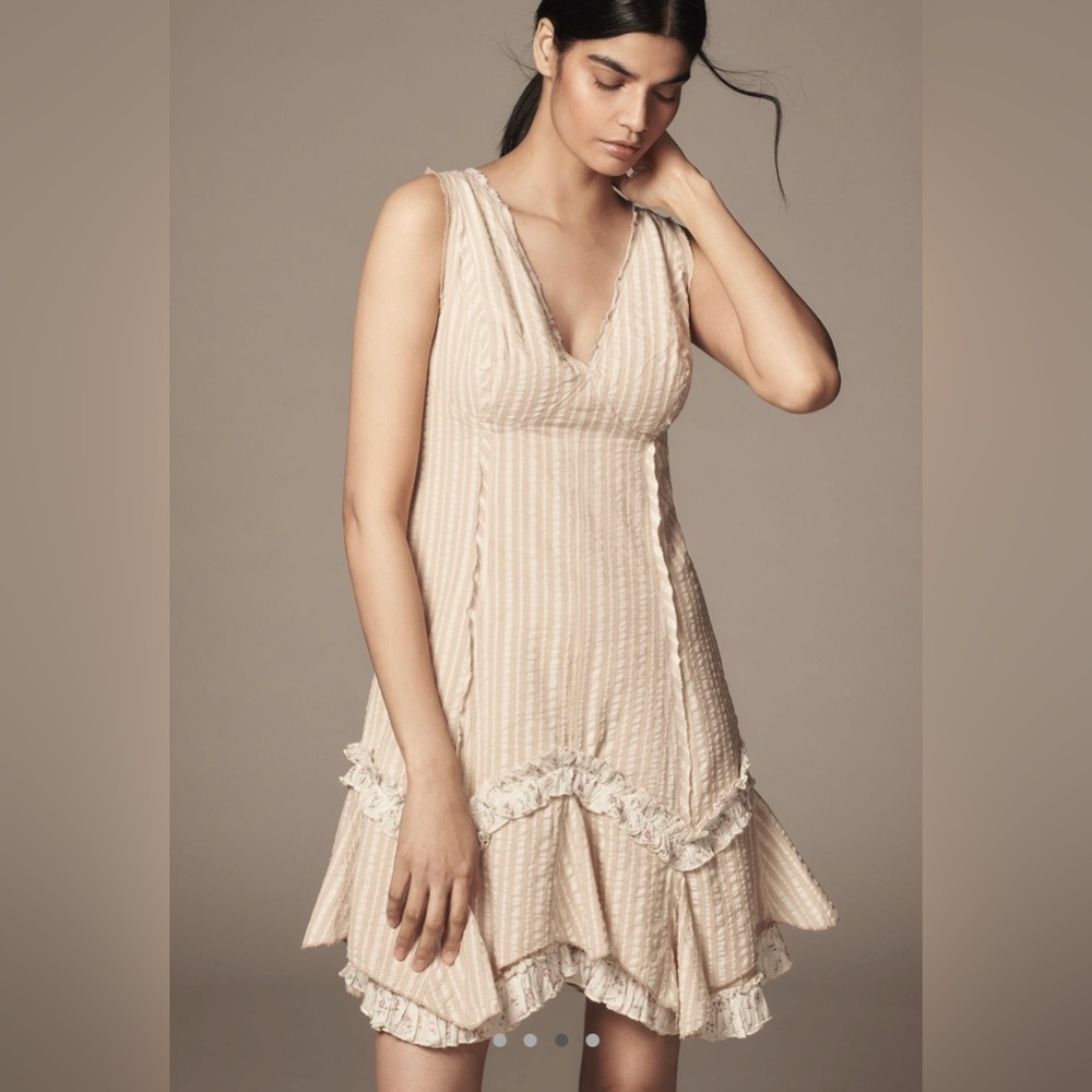 Anthropologie Ivory Cream Floral Ruffle Stripe Mini Dress NWT